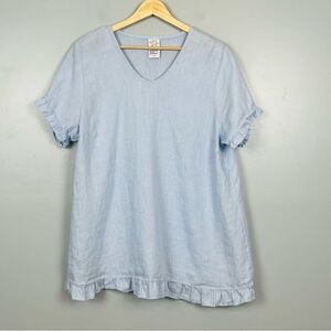 Match Point 100% linen light blue ruffle trimmed blouse top, XL.
